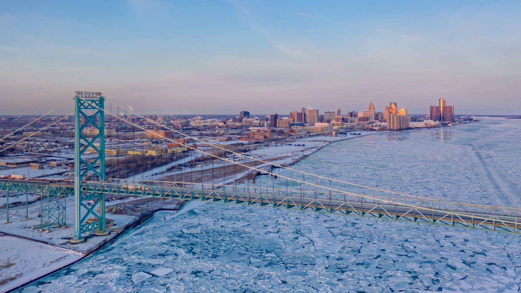 Detroit skyline and Ambassador Bridge in winter.